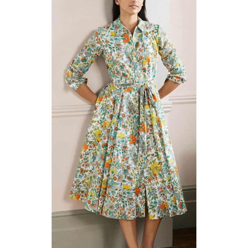 Boden Women Floral Fruit Print Shirt Dress US 10R White Strawberry Lemon Cotton